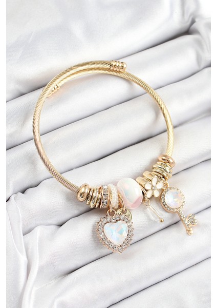 316L Çelik Beyaz Zirkon Taşlı Anahtar ve Kalp Model Gold Renk Charm Bileklik