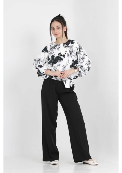 Kız Çocuk 2'li Alt Üst Takım Pantolon-Gömlek Çiçek Desenli Bayramlık KOMBIN-AÜT-2006