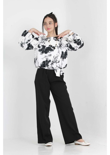 Kız Çocuk 2'li Alt Üst Takım Pantolon-Gömlek Çiçek Desenli Bayramlık KOMBIN-AÜT-2006 fırsatları