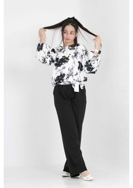 Kız Çocuk 2'li Alt Üst Takım Pantolon-Gömlek Çiçek Desenli Bayramlık KOMBIN-AÜT-2006