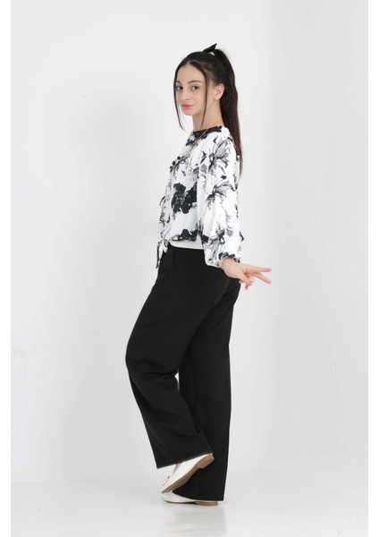 Kız Çocuk 2'li Alt Üst Takım Pantolon-Gömlek Çiçek Desenli Bayramlık KOMBIN-AÜT-2006