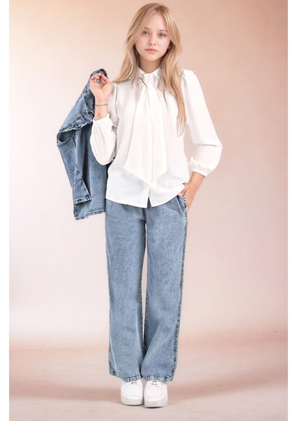 Kız Çocuk 3' Lü Kot Jean Takım Kot Pantolon-Kot Bluz-Şifon GÖMLEK-AÜT-2015