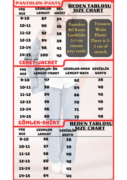 Kız Çocuk 3' Lü Kot Jean Takım Kot Pantolon-Kot Bluz-Şifon GÖMLEK-AÜT-2015 modelleri