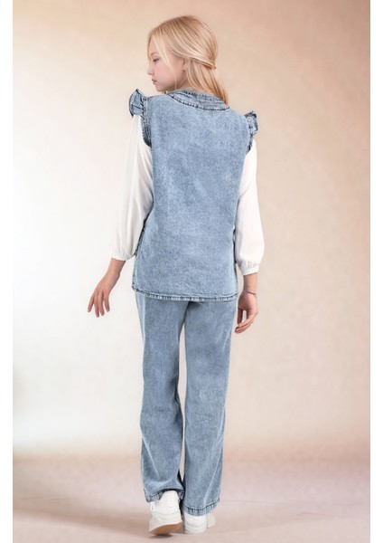 Kız Çocuk 3' Lü Kot Jean Takım Kot Pantolon-Kot Bluz-Şifon GÖMLEK-AÜT-2015 fırsatları