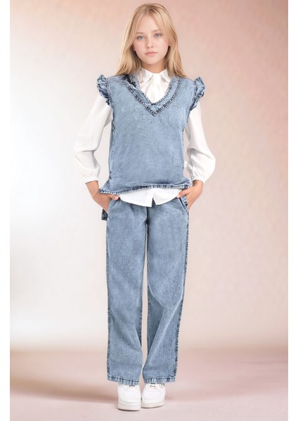 Kız Çocuk 3' Lü Kot Jean Takım Kot Pantolon-Kot Bluz-Şifon GÖMLEK-AÜT-2015 indirimleri