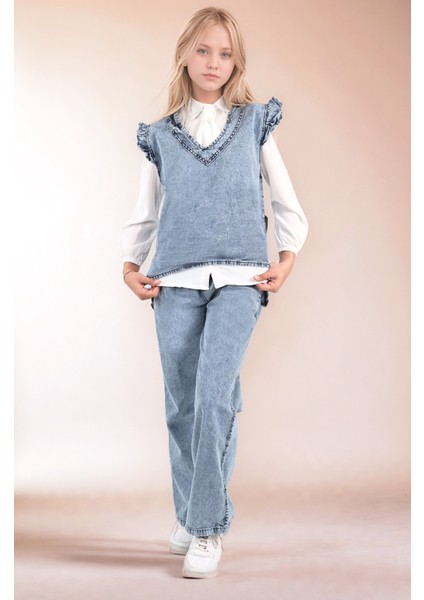 Kız Çocuk 3' Lü Kot Jean Takım Kot Pantolon-Kot Bluz-Şifon GÖMLEK-AÜT-2015