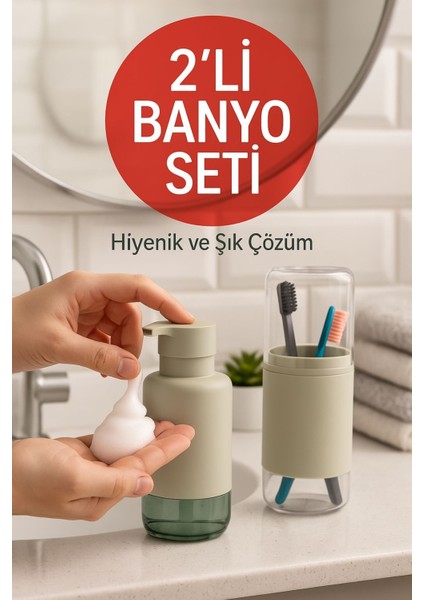 2'li Pratik Sıvı Sabunluk ve Diş Fırçalık Seti Taş Gri