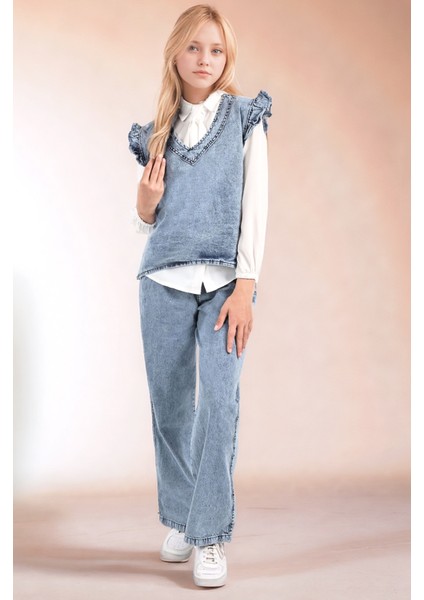 Kız Çocuk 3' Lü Kot Jean Takım Kot Pantolon-Kot Bluz-Şifon GÖMLEK-AÜT-2015