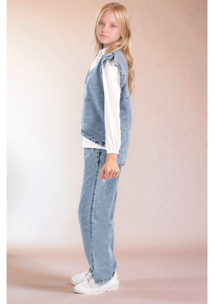 Kız Çocuk 3' Lü Kot Jean Takım Kot Pantolon-Kot Bluz-Şifon GÖMLEK-AÜT-2015