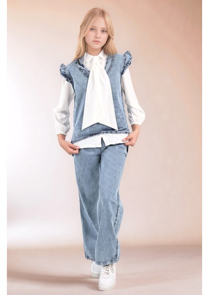 Kız Çocuk 3' Lü Kot Jean Takım Kot Pantolon-Kot Bluz-Şifon GÖMLEK-AÜT-2015