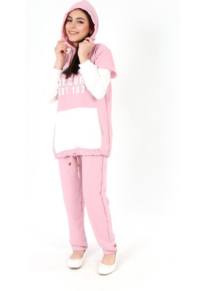 Kız Çocuk Aerobin Kumaş Kapüşonlu Kanguru Cep Uzun Kol Alt Üst Tunik TAKIM-AÜT-2002 fiyatları