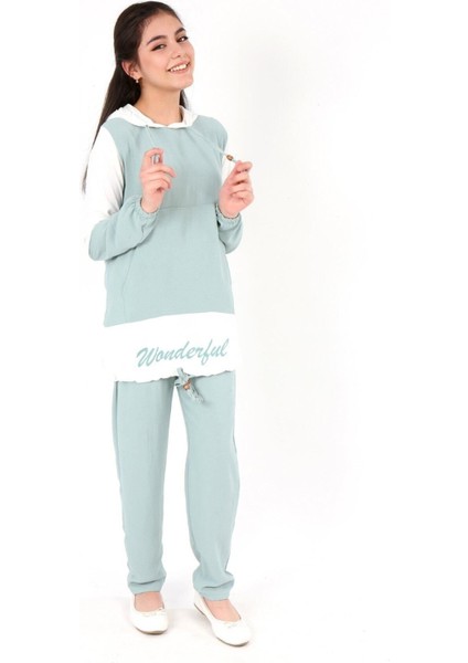 Kız Çocuk Aerobin Kumaş Kapüşonlu Kanguru Cep Uzun Kol Alt Üst Tunik TAKIM-AÜT-2003