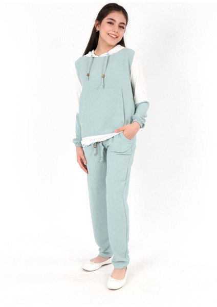 Kız Çocuk Aerobin Kumaş Kapüşonlu Kanguru Cep Uzun Kol Alt Üst Tunik TAKIM-AÜT-2003