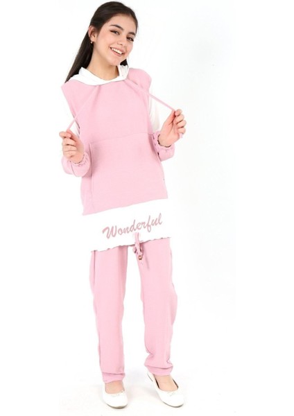 Kız Çocuk Aerobin Kumaş Kapüşonlu Kanguru Cep Uzun Kol Alt Üst Tunik TAKIM-AÜT-2003