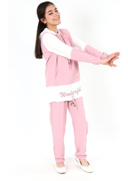 Kız Çocuk Aerobin Kumaş Kapüşonlu Kanguru Cep Uzun Kol Alt Üst Tunik TAKIM-AÜT-2003