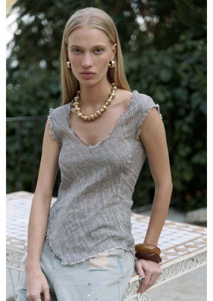 Veilinas Asimetrik Kahve Keten Crop