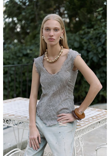 Veilinas Asimetrik Kahve Keten Crop fiyatları