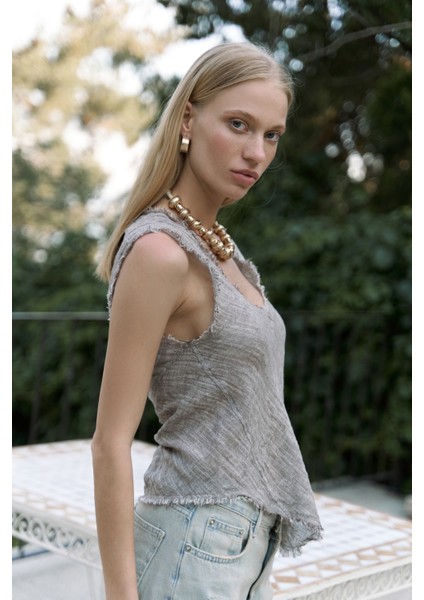 Veilinas Asimetrik Kahve Keten Crop modelleri