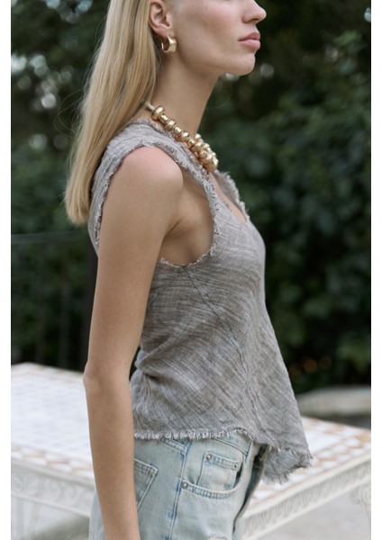 Veilinas Asimetrik Kahve Keten Crop indirimleri