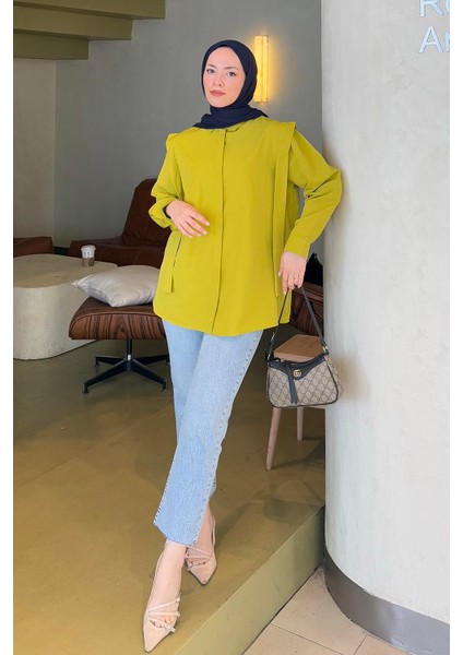 Omuz Vatka Detaylı Tesettür Gömlek Yağ Yeşili