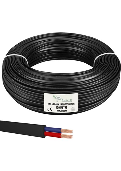 2x0.50 Yassı Kablo Balık Sırtı Siyah 100MT Poke PK-1260