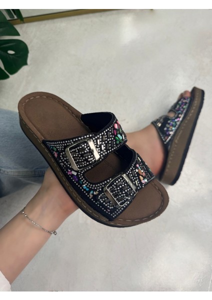 Günlük Kadın Terlik Çift Tokalı Taşlı Boncuk Detaylı Yumuşak Dikişli Ortopedik Mantar Taban 34155