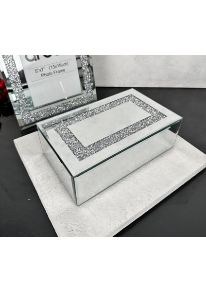 Aynalı Mücevher Kutusu Swarovsi Taşlı Dikdörtgen Gümüş fırsatları