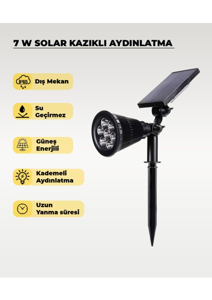 7W Güneş Enerjili & Solar Kazıklı Beyaz Işık Aydınlatma Armatürü