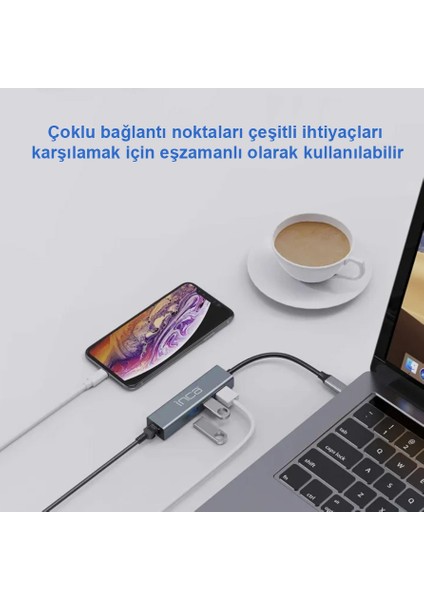 IUTP-03TX USB 3.0 3 Portlu Hub ve Gigabit Ethernet Adaptörü | 10GBPS Veri Aktarımı | RJ45 1000MBPS | Type-C 3.1 | Bilgisayar, Notebook, Tablet ve Cep Telefonu Uyumlu | Isıya Dayanıklı Yapı