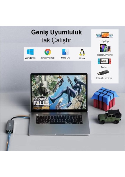 IUTP-03TX USB 3.0 3 Portlu Hub ve Gigabit Ethernet Adaptörü | 10GBPS Veri Aktarımı | RJ45 1000MBPS | Type-C 3.1 | Bilgisayar, Notebook, Tablet ve Cep Telefonu Uyumlu | Isıya Dayanıklı Yapı