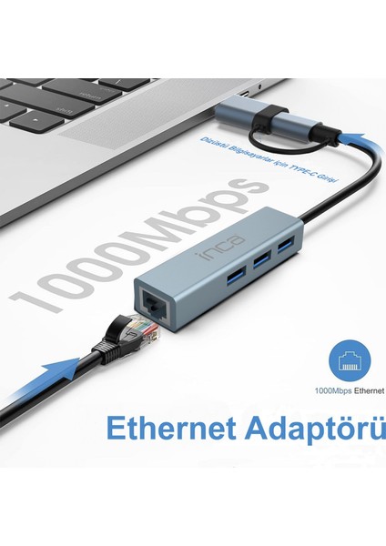 IUTP-03TX USB 3.0 3 Portlu Hub ve Gigabit Ethernet Adaptörü | 10GBPS Veri Aktarımı | RJ45 1000MBPS | Type-C 3.1 | Bilgisayar, Notebook, Tablet ve Cep Telefonu Uyumlu | Isıya Dayanıklı Yapı