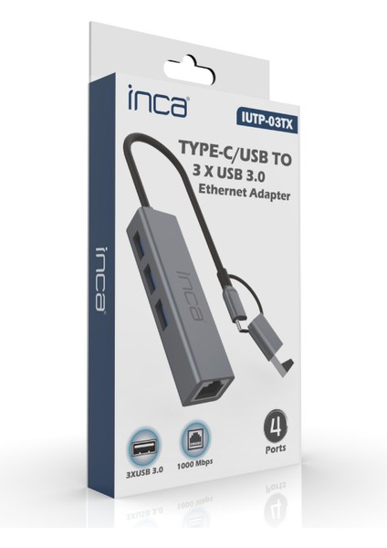 IUTP-03TX USB 3.0 3 Portlu Hub ve Gigabit Ethernet Adaptörü | 10GBPS Veri Aktarımı | RJ45 1000MBPS | Type-C 3.1 | Bilgisayar, Notebook, Tablet ve Cep Telefonu Uyumlu | Isıya Dayanıklı Yapı