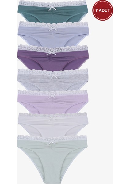 Kadın Ön Bel Dantelli Büzgülü ve Fiyonk Detaylı Lastikli Külot 7'li