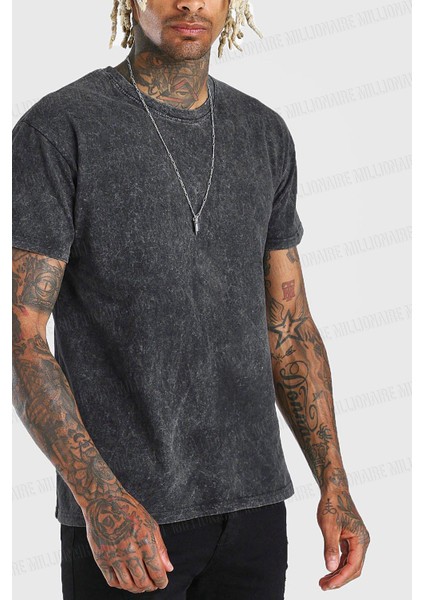 Erkek Siyah Regular Asit Yıkamalı Eskitme Efektli Boyalı T-Shirt fiyatları