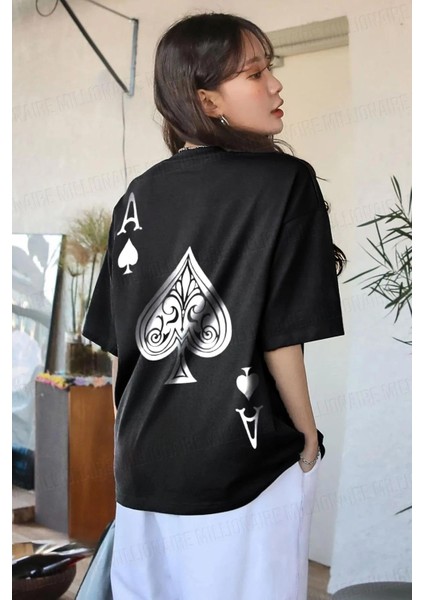Kadın Maça As Baskılı Siyah Oversize T-Shirt