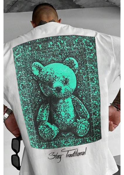 Erkek Ekru Beyaz Traditional Ayıcık Teddy Bear Oversize Fit Bol Geniş Kalıp Salaş Kesim T-Shirt