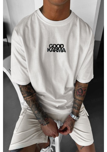 Erkek Ekru Beyaz Good Karma Oversize Fit Bol Geniş Kalıp Salaş Kesim T-Shirt