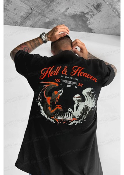 Erkek Siyah Devil And Angel Oversize Fit Bol Geniş Kalıp Salaş Kesim T-Shirt