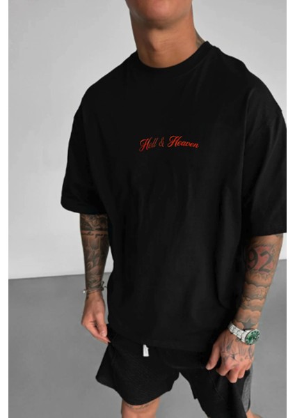 Erkek Siyah Devil And Angel Oversize Fit Bol Geniş Kalıp Salaş Kesim T-Shirt fiyatları