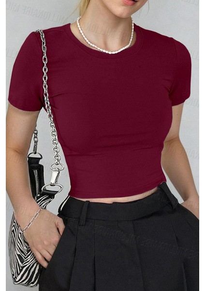 Kadın Bordo Bisiklet Yaka Likralı Kısa Kol Body Crop Bluz