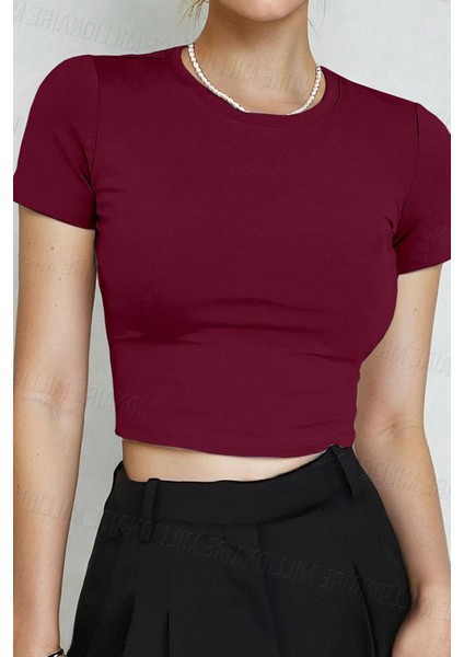 Kadın Bordo Bisiklet Yaka Likralı Kısa Kol Body Crop Bluz fiyatları