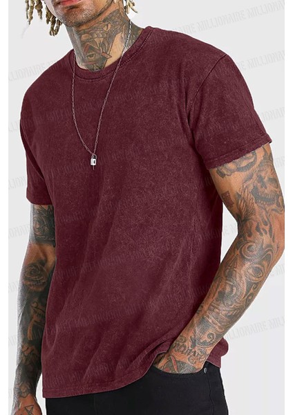 Erkek Bordo Regular Asit Yıkamalı Eskitme Efektli Boyalı T-Shirt