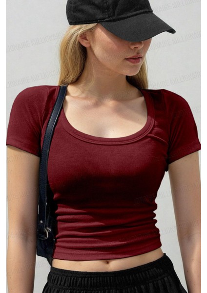 Kadın Bordo U Yaka Kısa Kollu Fitilli Kaşkorse Body T-Shirt