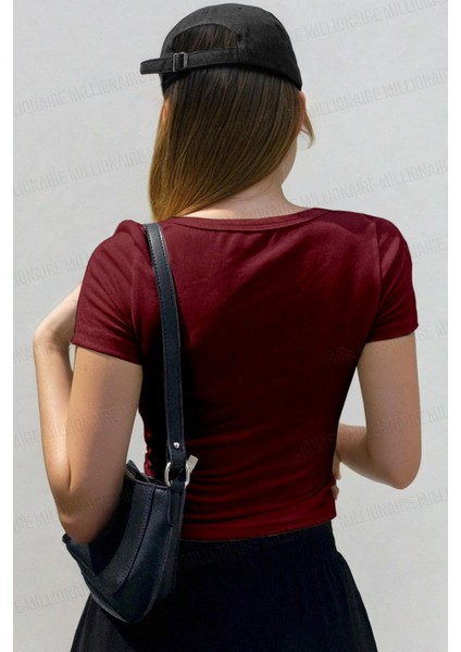 Kadın Bordo U Yaka Kısa Kollu Fitilli Kaşkorse Body T-Shirt fiyatları