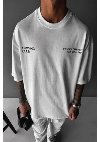 Erkek Ekru Beyaz Training Club Oversize Fit Bol Geniş Kalıp Salaş Kesim T-Shirt modelleri