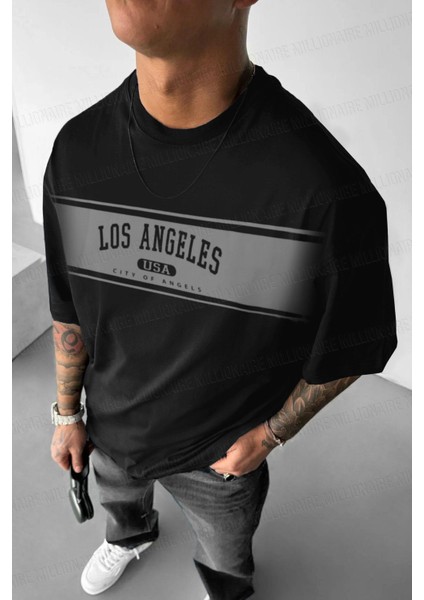 Erkek Siyah City Of Angels Oversize Fit Bol Geniş Kalıp Salaş Kesim T-Shirt