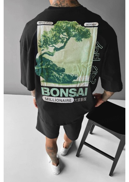 Erkek Siyah Bonsai Oversize Fit Bol Geniş Kalıp Salaş Kesim T-Shirt