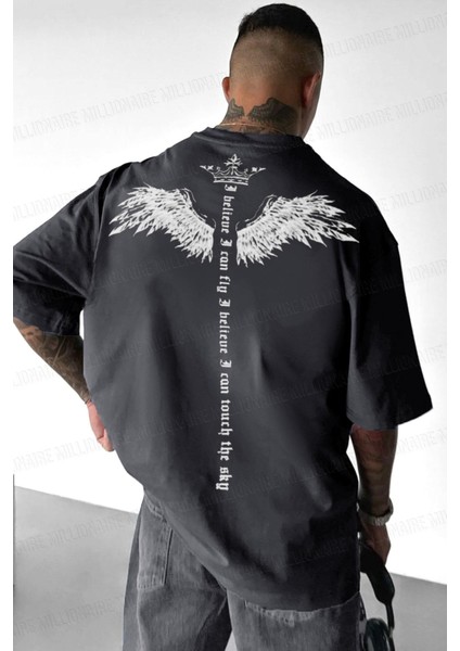 Erkek Füme I Can Fly Oversize Fit Bol Geniş Kalıp Salaş Kesim T-Shirt