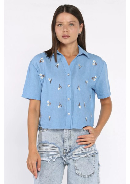 Kadın Nakışlı Keten Gömlek P-00017806