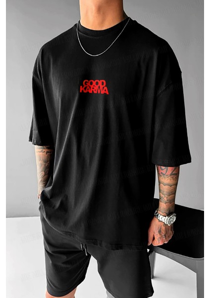 Erkek Siyah Good Karma Oversize Fit Bol Geniş Kalıp Salaş Kesim T-Shirt